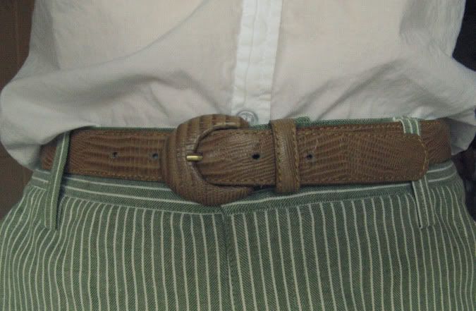 button down shirt with belt. white utton down shirt