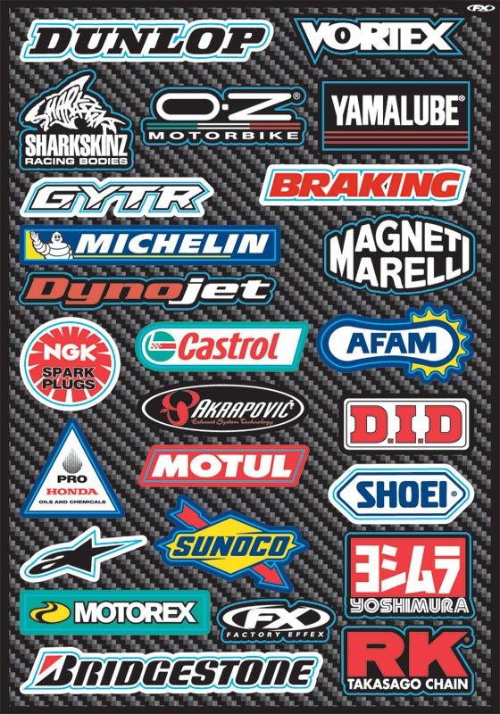 Sport Bike Sponsor Sticker Sheet Pack Decals Vinyl Dunlop Vortex Castrol FX