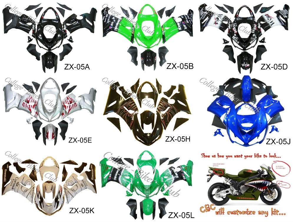 CUSTOM Kawasaki ZX6R Fairings Ninja 636 ZX 6R kit 05 06  